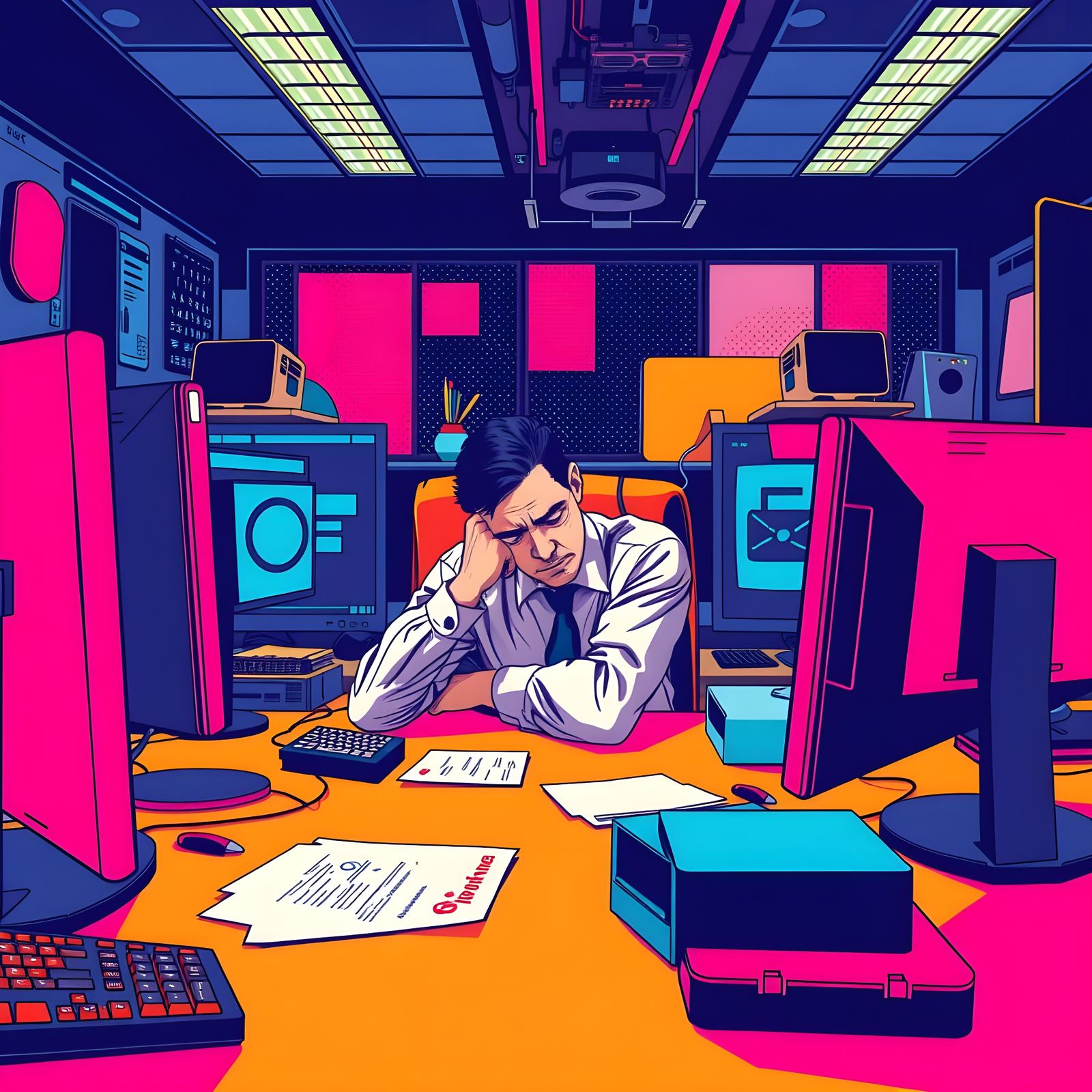 Vibrant Pop Art Portrait of a Fatigued Office Worker