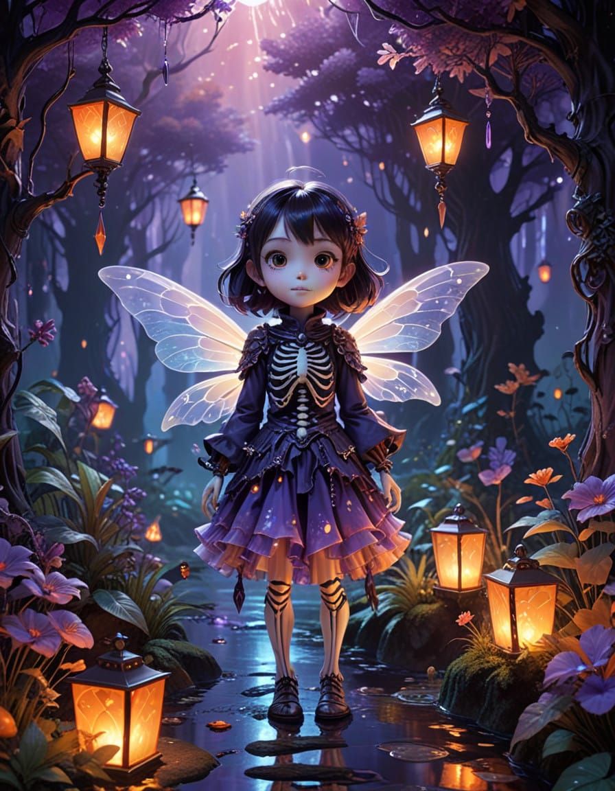 Ethereal Chibi Skeleton in Whimsical Fantasy Landscape