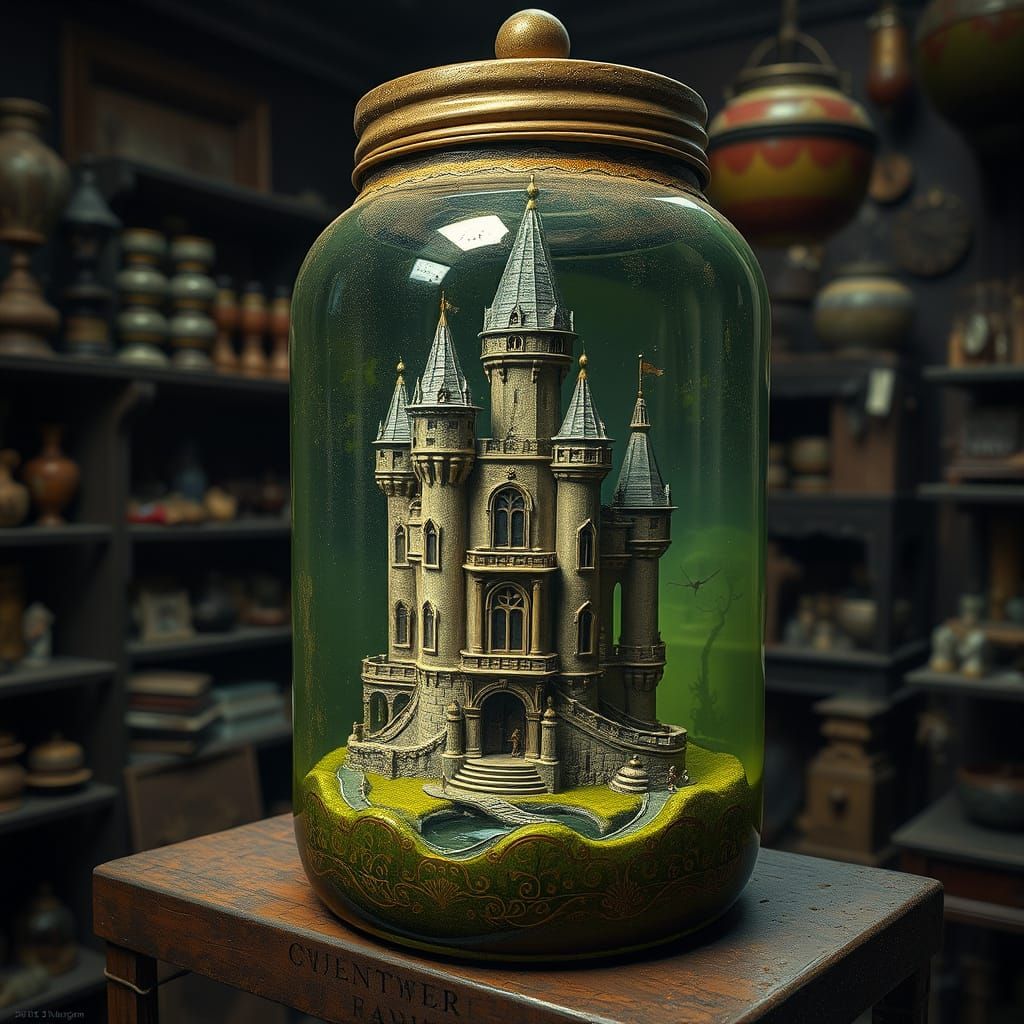 Whimsical Miniature Castle in a Vintage Apothecary Jar