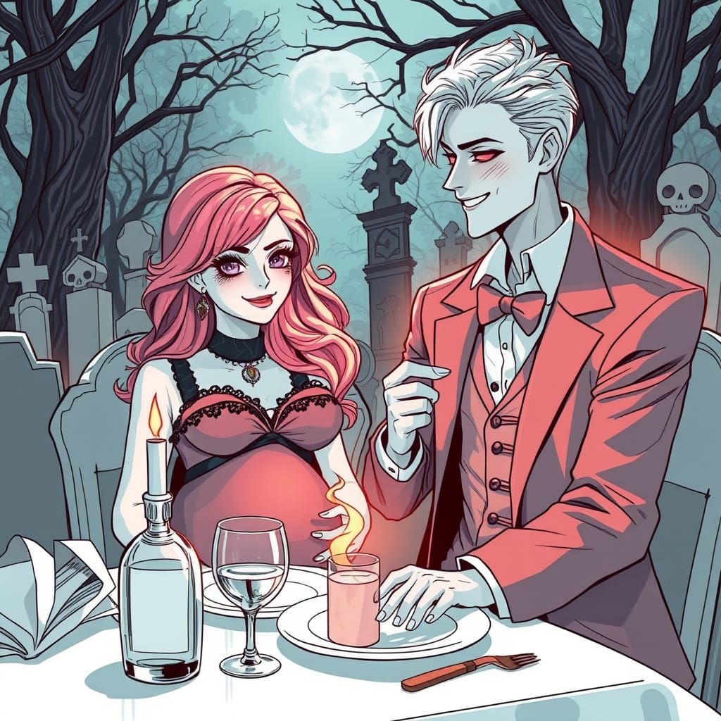 Gothic Couple Enjoy Dinner in Cemetery