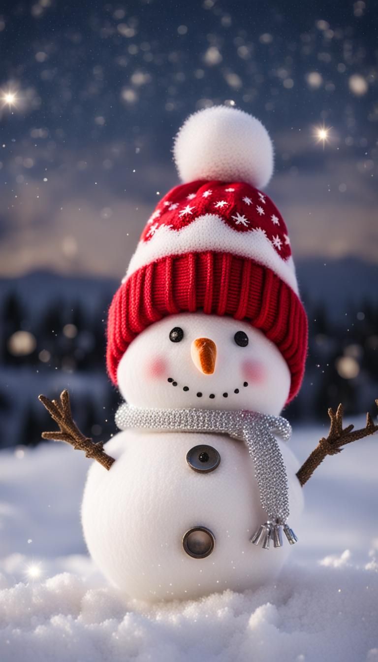 Cute Snowman with Red Cap in Snowy Scene
