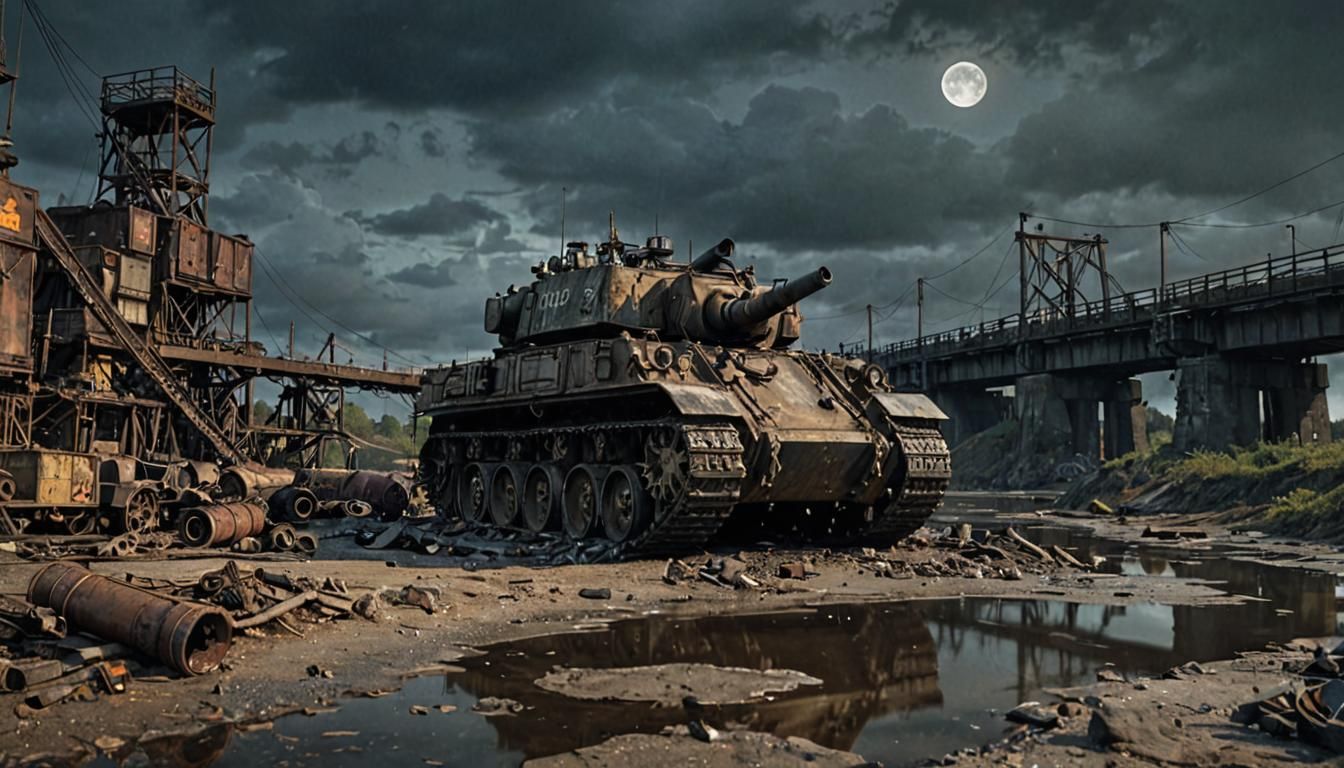 Dieselpunk Artillery Gun on Ruined Bridge