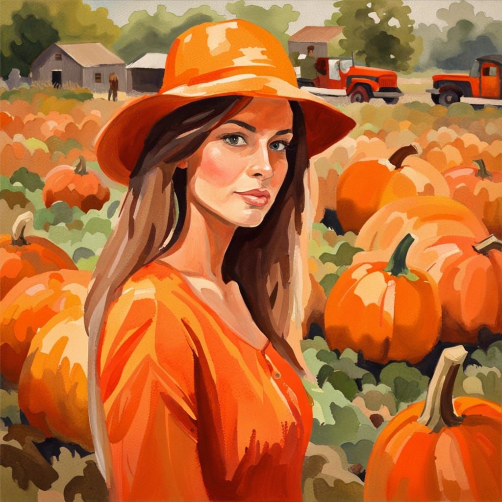 Woman in Pumpkin Patch: Gouache Impressionist Painting