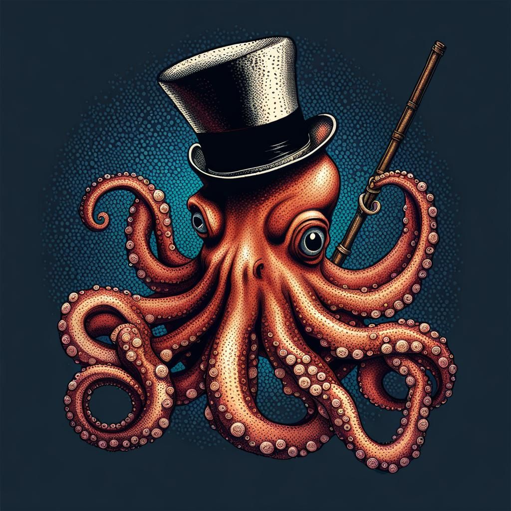 Octopus in Top Hat: A Pointillism Style Image