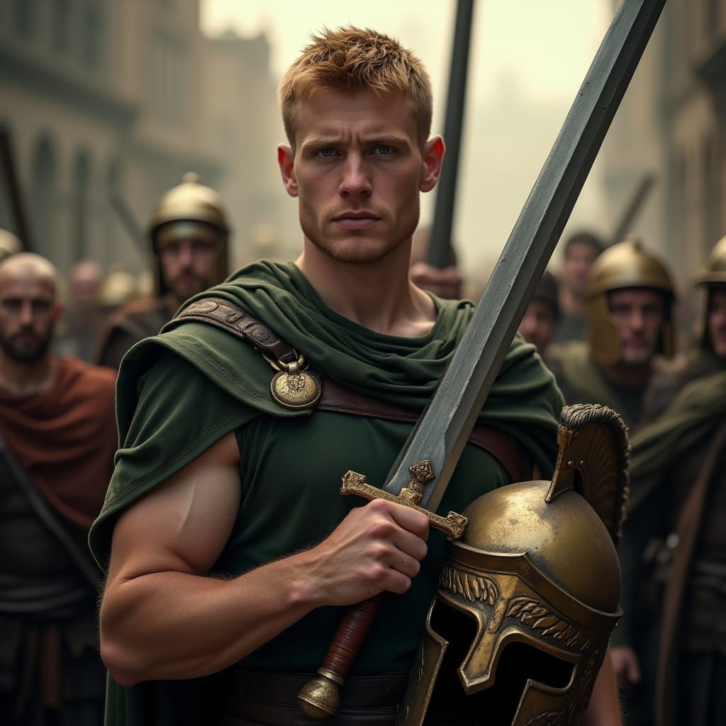 Roman Warrior in Medieval City: Cinematic Film Still
