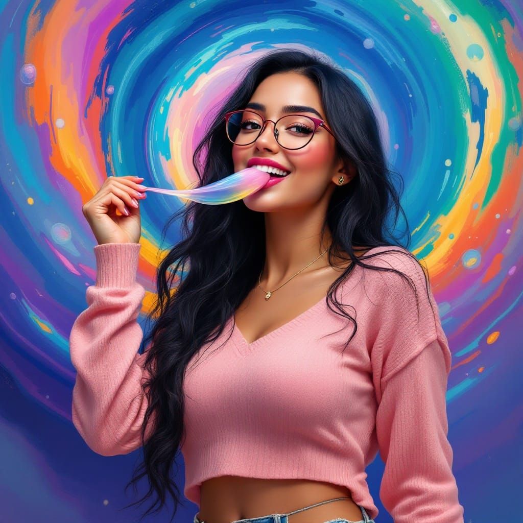 Sultry Curvy Woman in Pastel Pink Sweater and Distressed Den...