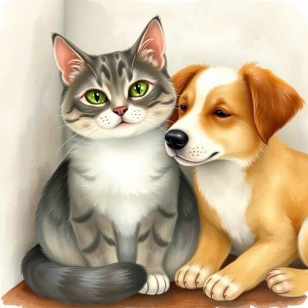 Cat and Dog in Whimsical Watercolor Style