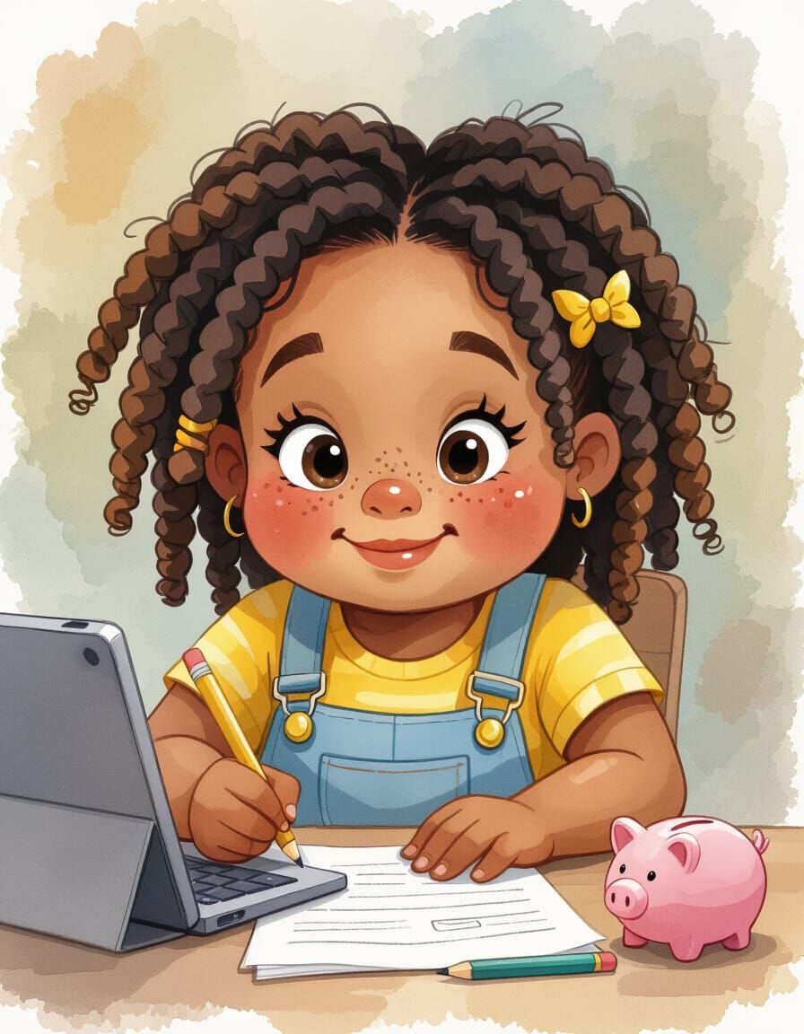 Girl's Financial Literacy Journey in Watercolor Style