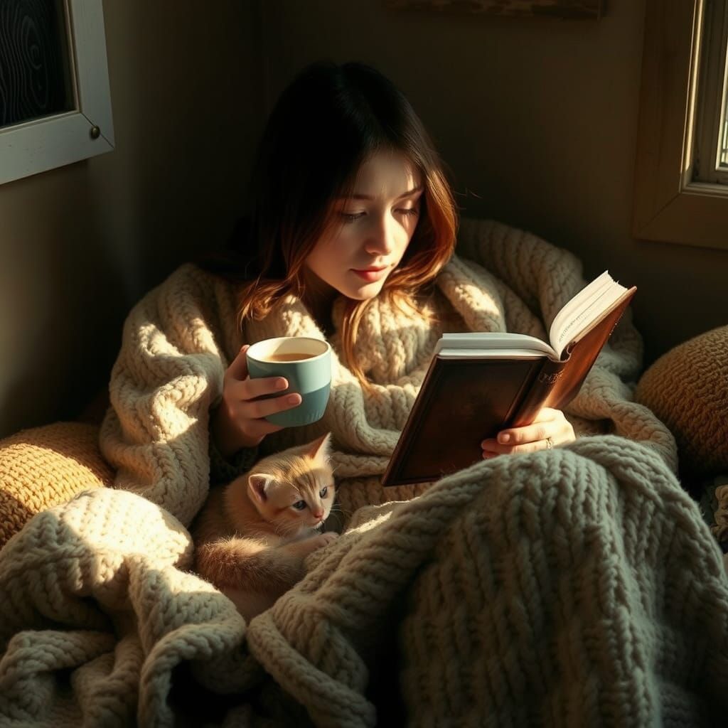 Cozy Reading Nook with Kitten in Cinematic Style