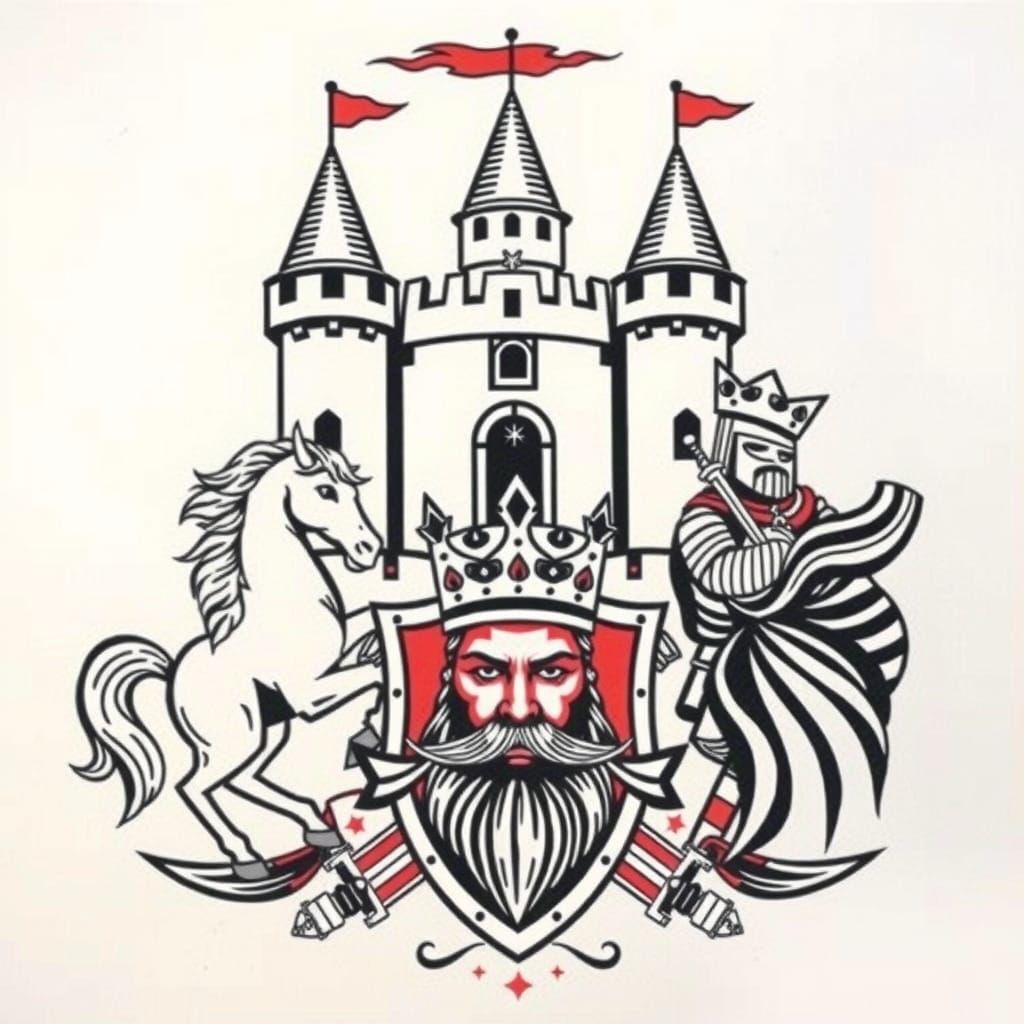 Flash Tattoo Sheet with Knight, Unicorn, and Castle