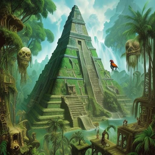 Surreal Mayan Pyramid Ruins with Waterfall and Parrots