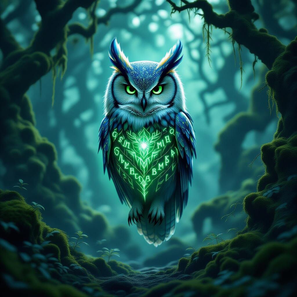 Magical Owl with Glowing Runes in Enchanted Forest