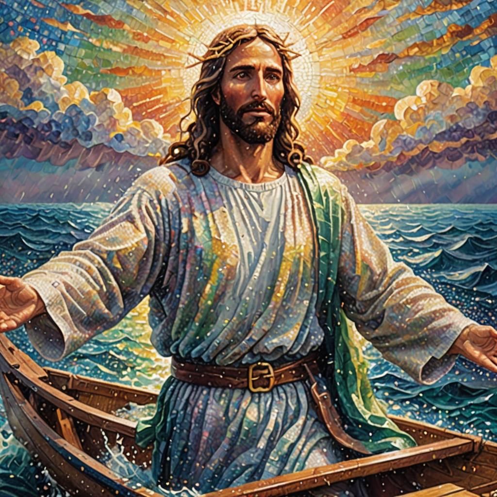 Pointillist Jesus Calms the Storm at Sea
