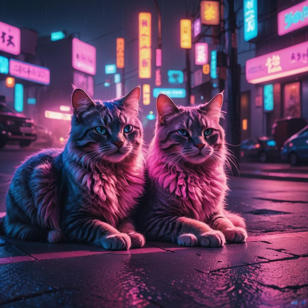 Neon Cats in Synthwave Retro Cityscape
