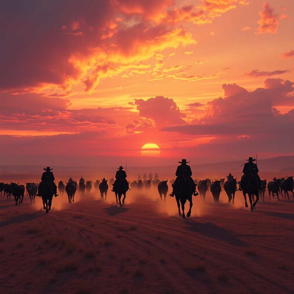 Cowboys Herding Cattle at Fiery Sunset