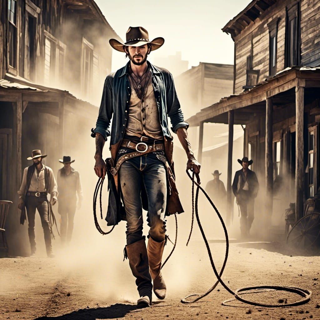 Grunge Cowboy in Antique Watercolor Old West Town