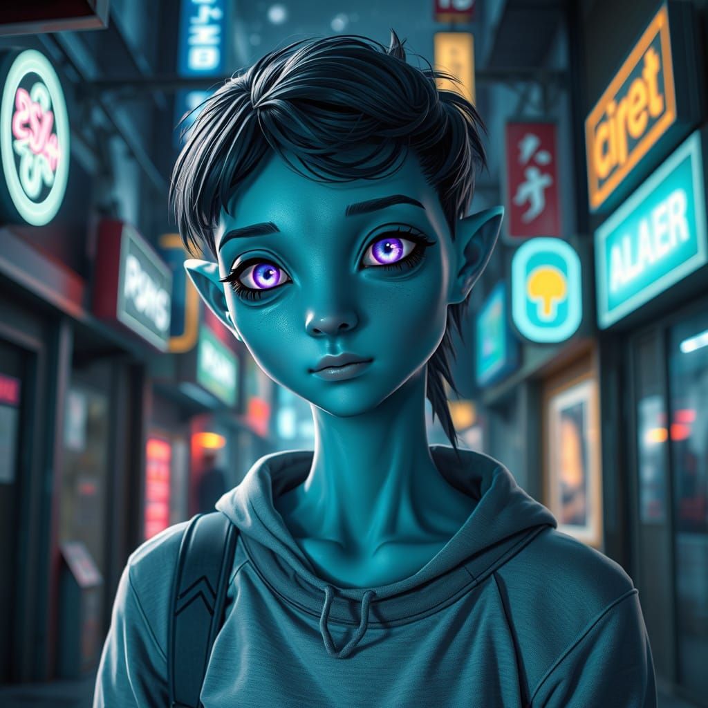 Teenage Alien in Sci-Fi Alley with Neon Lights
