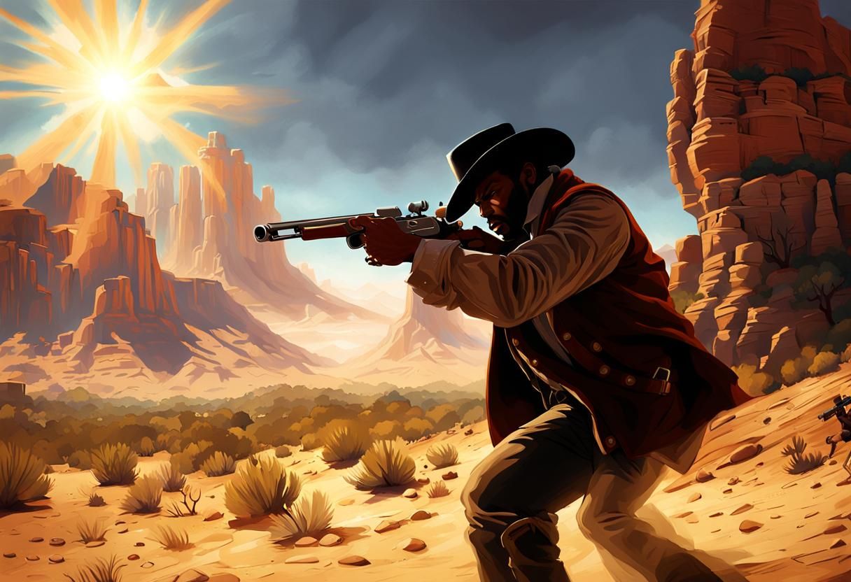 Black Cowboy Fires Rifle in Desert Landscape