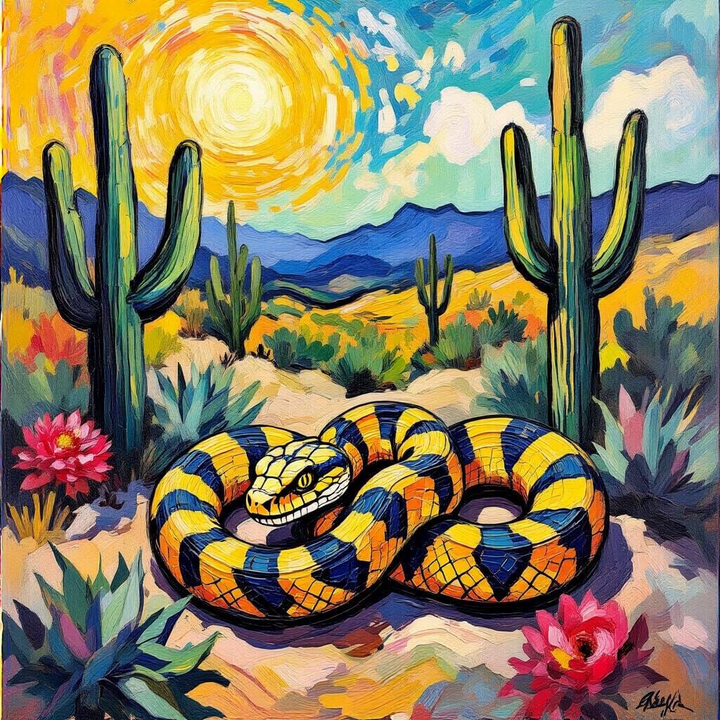 Rattlesnake in Subtropical Desert as Impasto Painting