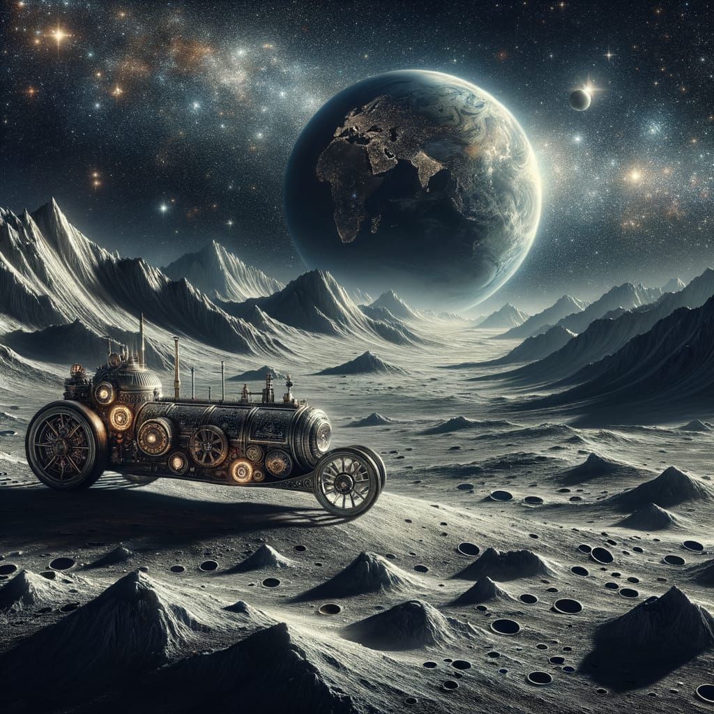 Steampunk Spaceship on a Desolate Moonscape