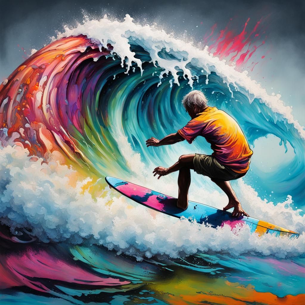 Surfer Rides Tsunami in Graffiti Splash Art