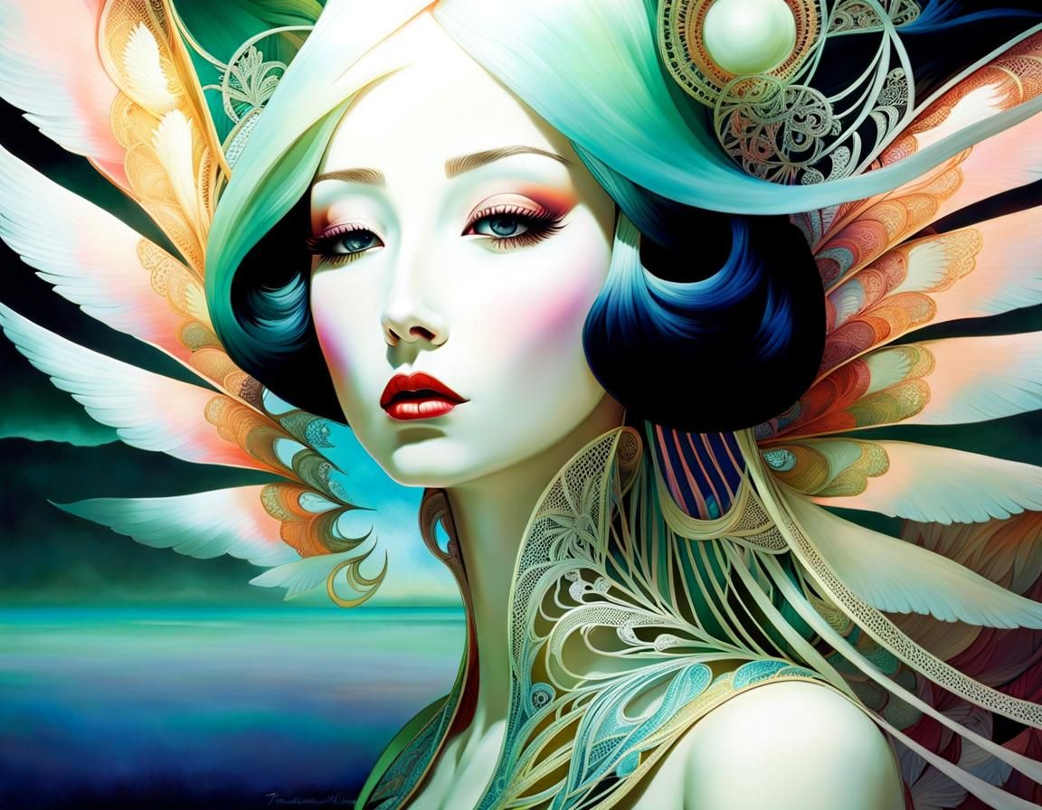 Woman with Angel Wings, Art Nouveau Style