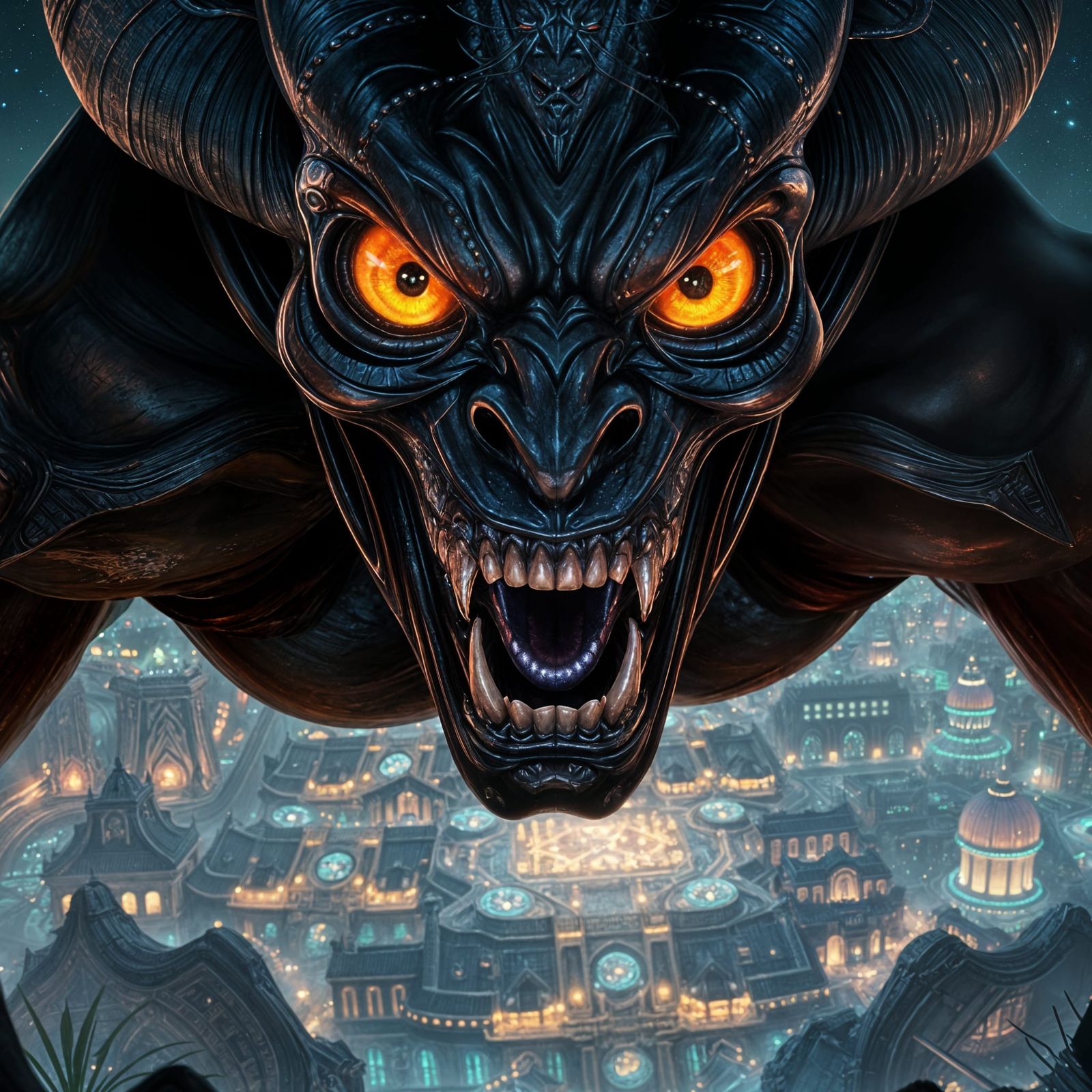 Muscular Demon Woman Overlooking Sci-Fi Town