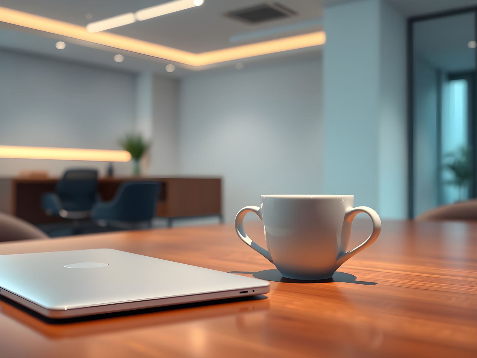 Hyper Realistic Coffee Cup and Laptop in Clean Office