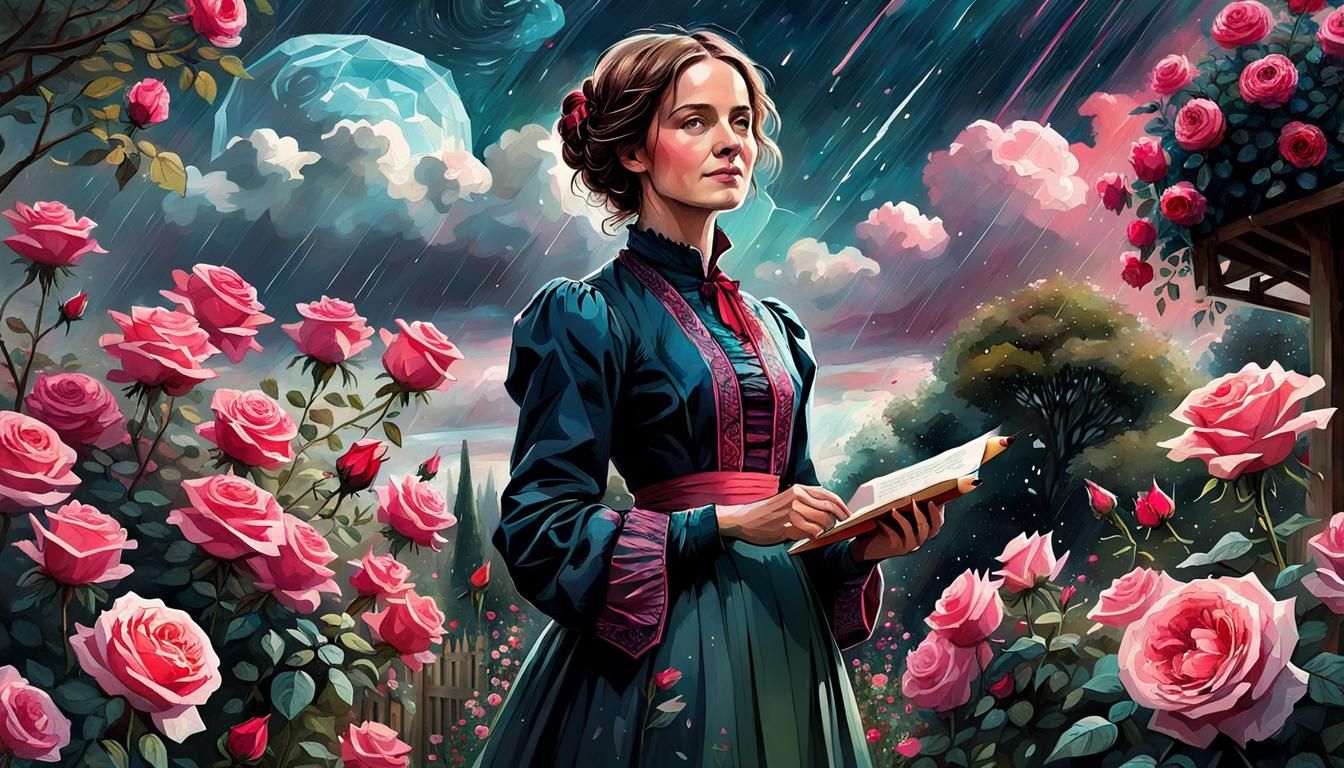 Charlotte Brontë in a Blooming Garden, Digital Art
