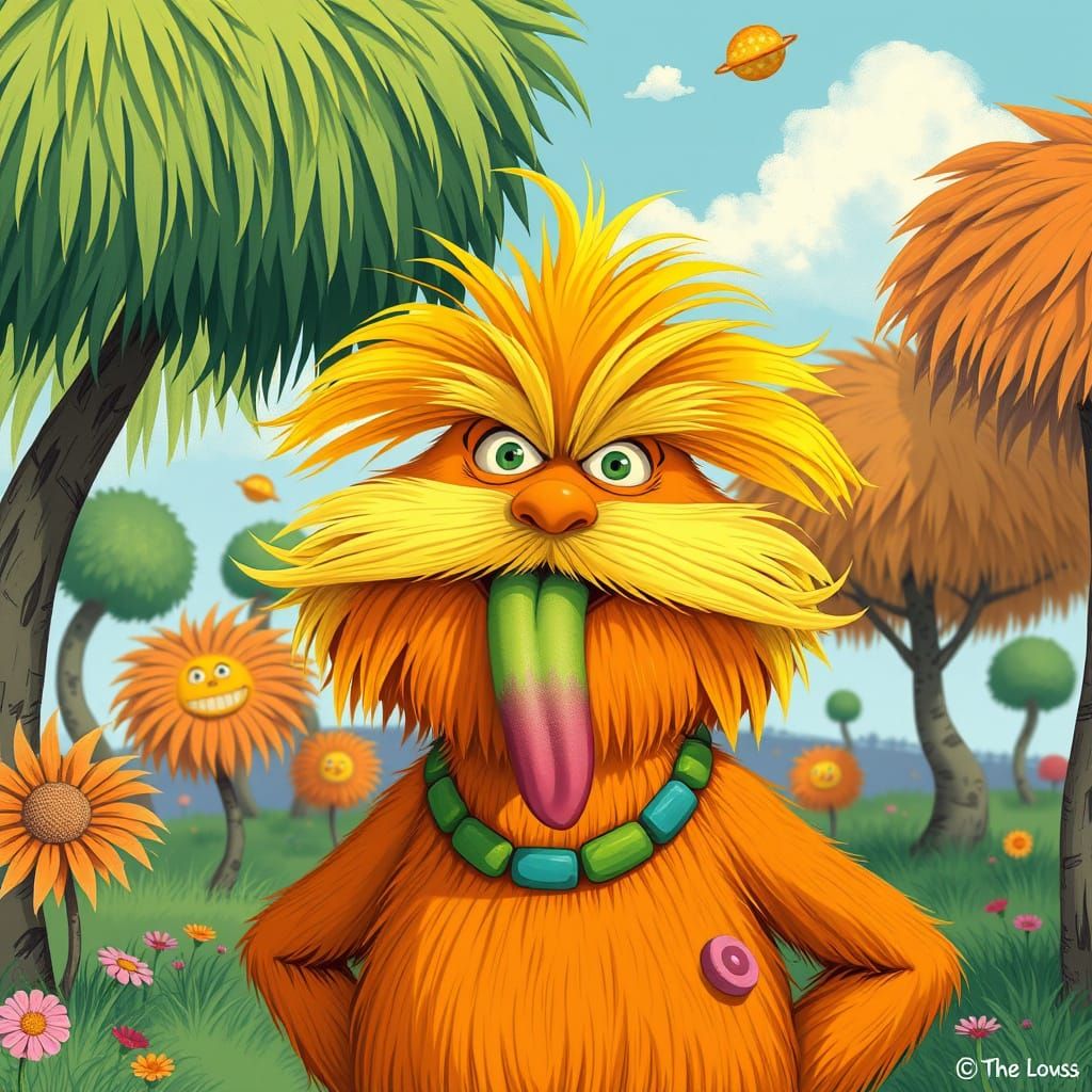 Playful Lorax in Whimsical, Storybook Landscape