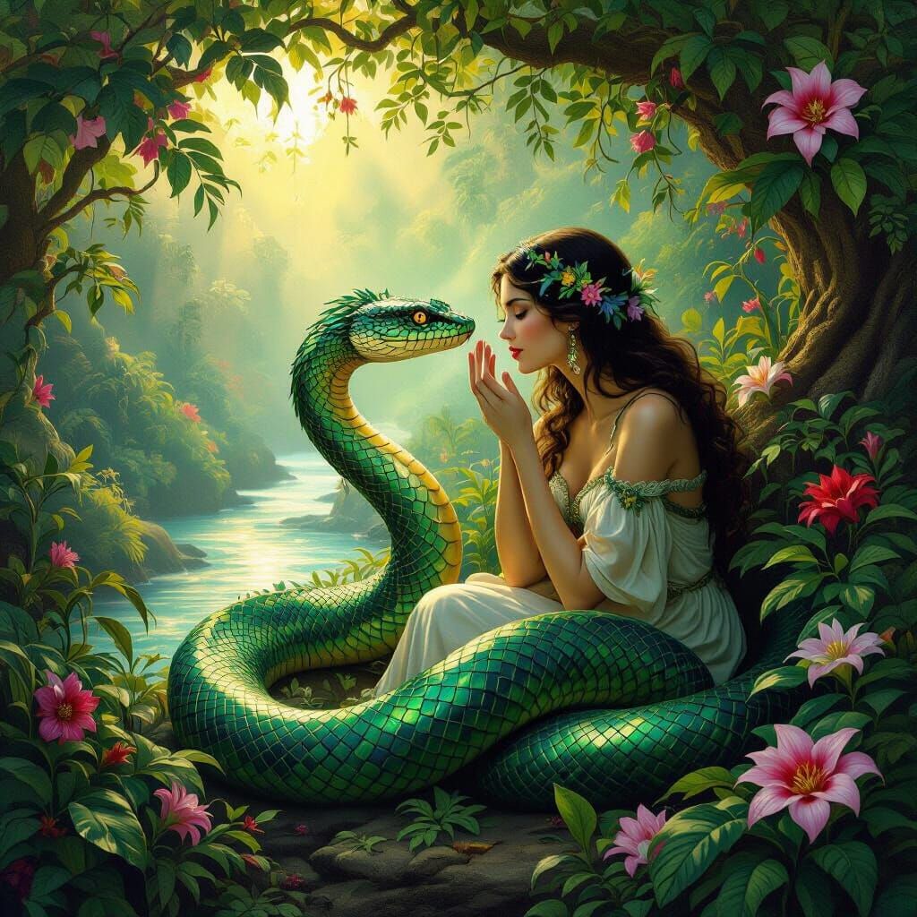 Serpent Whispers to Eve in Eden, Pre-Raphaelite Style