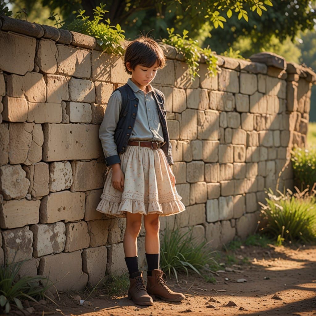 Boy in Frilly Dress Peeing on Wall in Rural Setting