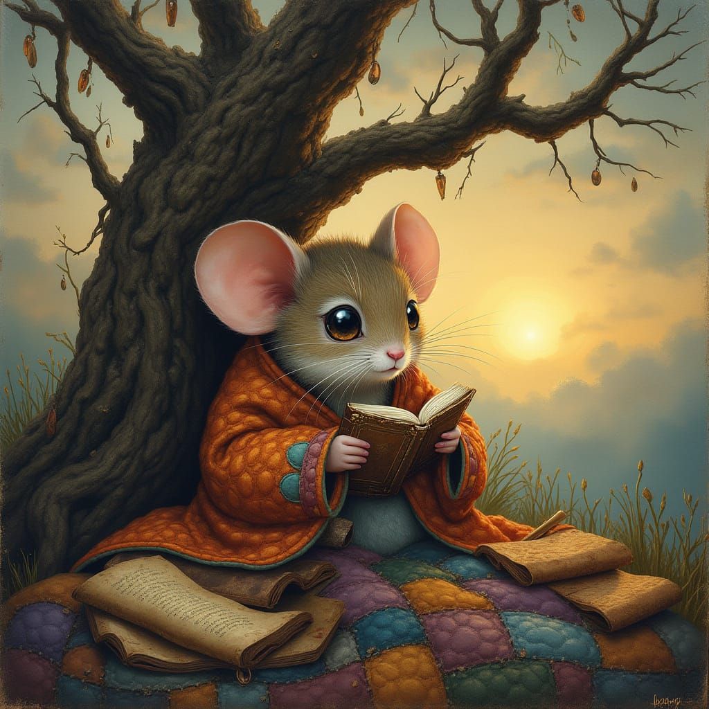 Whimsical Mouse Reads Under Ancient Tree Roots