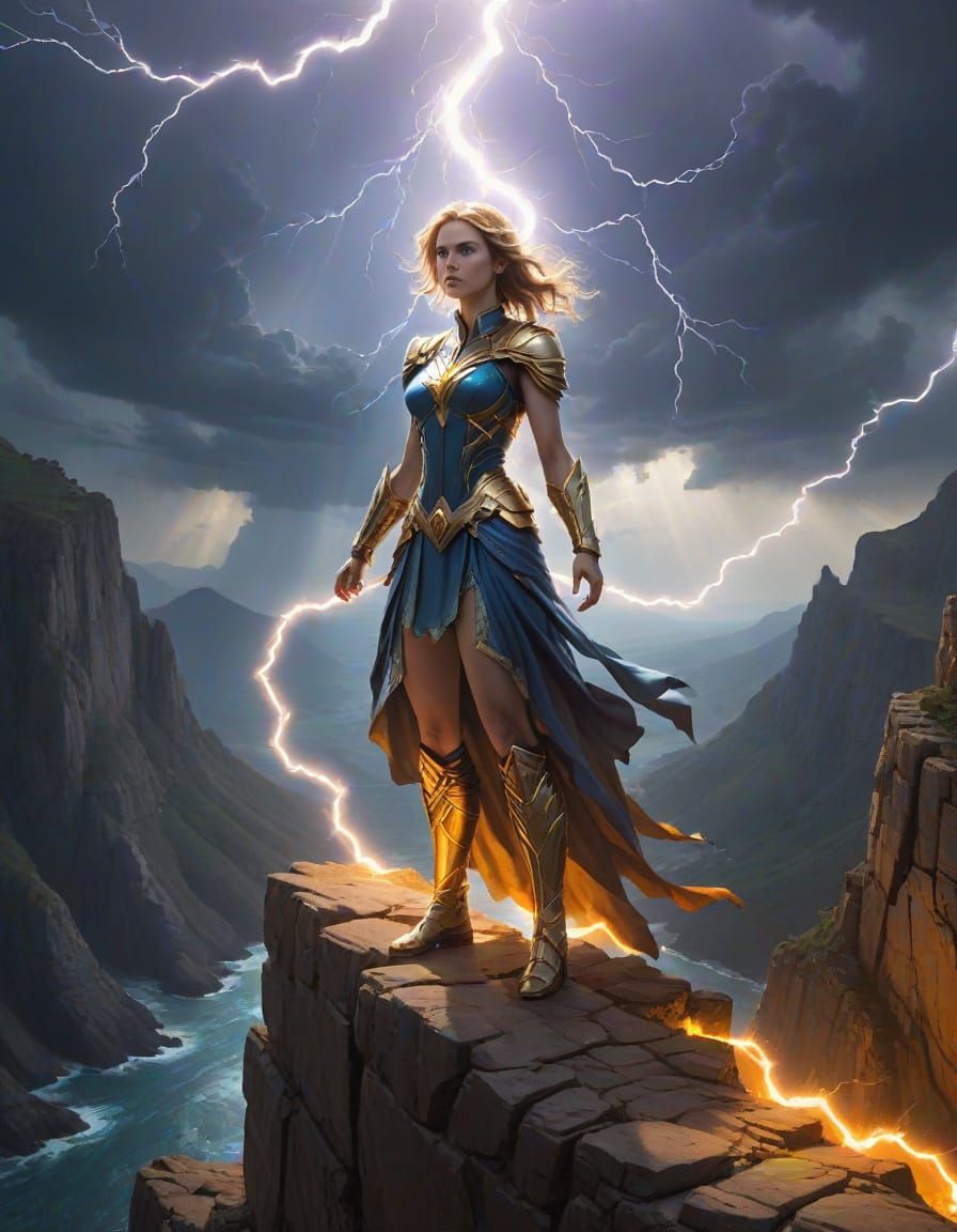 Ethereal Woman on Cliff with Lightning