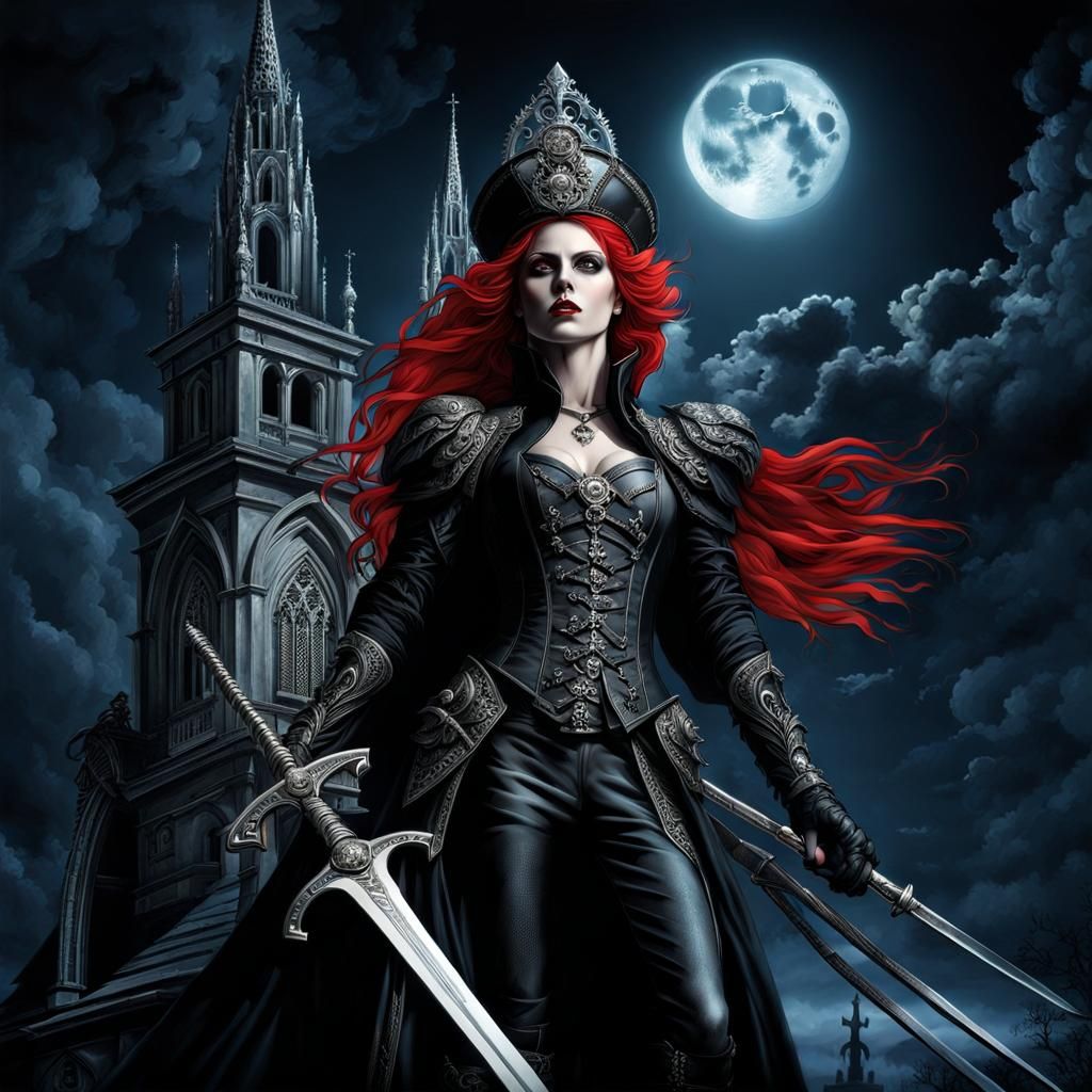 Gothic Vampire Hunter on Church at Night