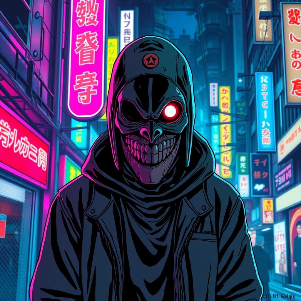 a painting of a person wearing a creepy mask, cyberpunk art,...