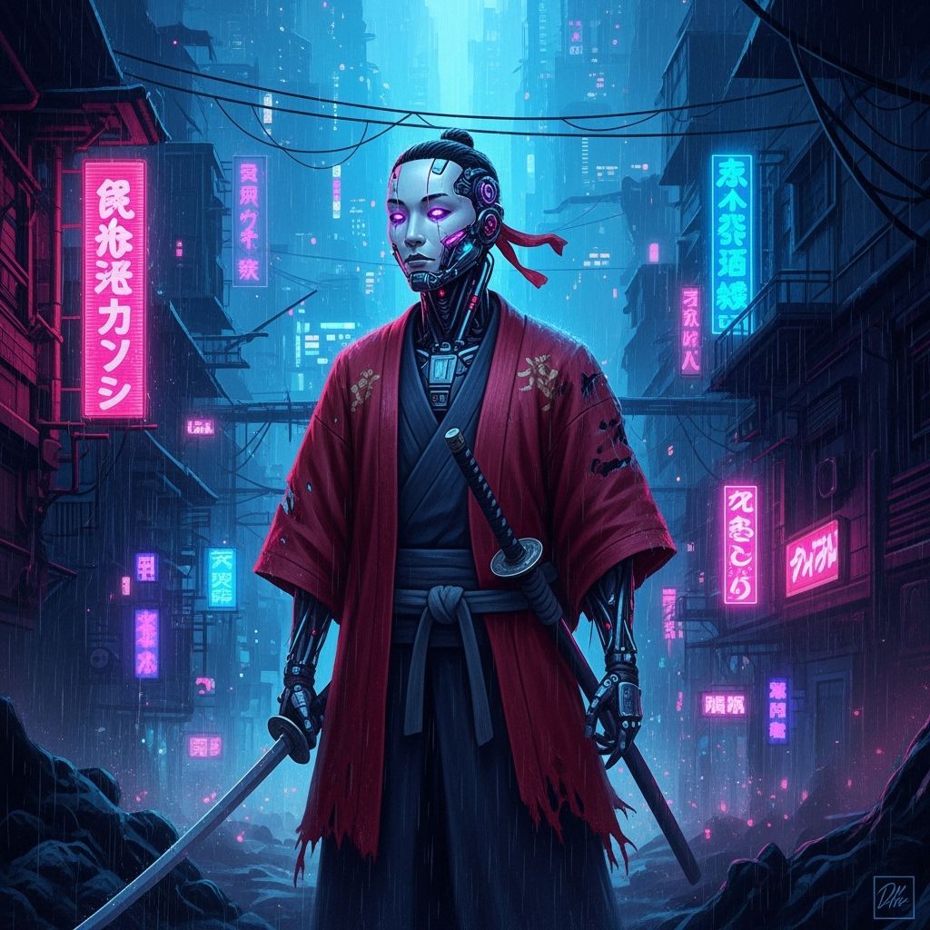 Cyborg Samurai in Cyberpunk Cityscape: Digital Painting