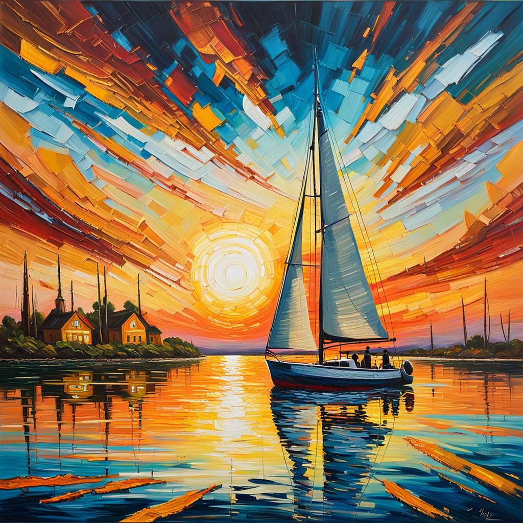 Neo-Expressionist Sailboat at Sunset with Impasto Acrylics