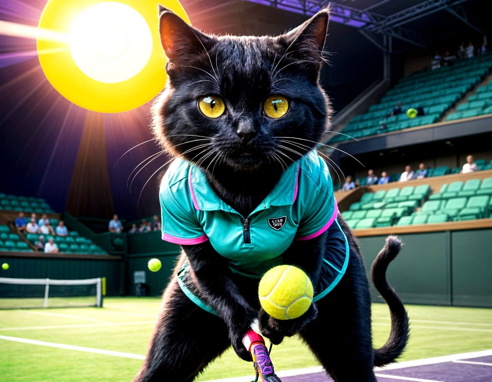 Black Cat Ace on Wimbledon Court in Cartoon Style