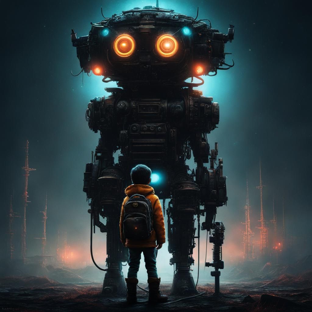 Boy in Dark Neon Cyberpunk World