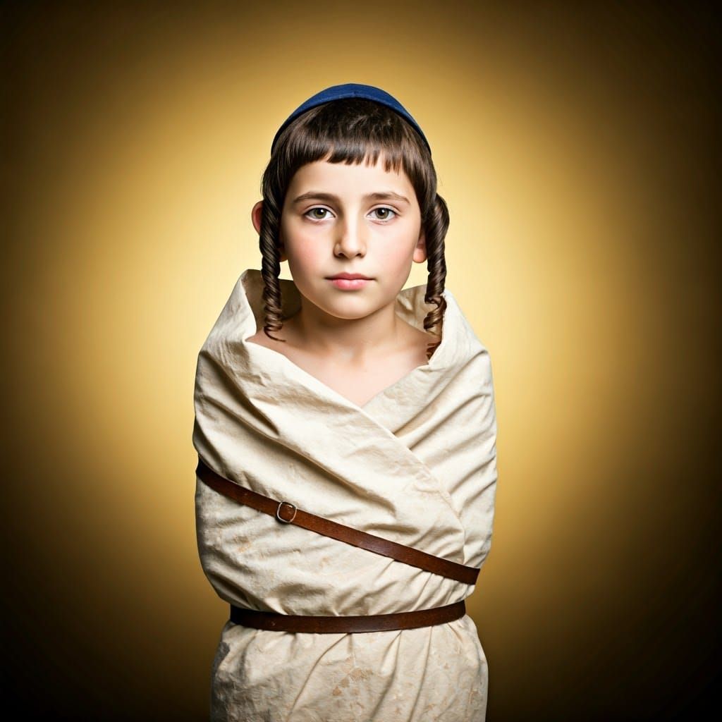 A Young Jewish Boy Wrapped in Ancient Torah Scroll