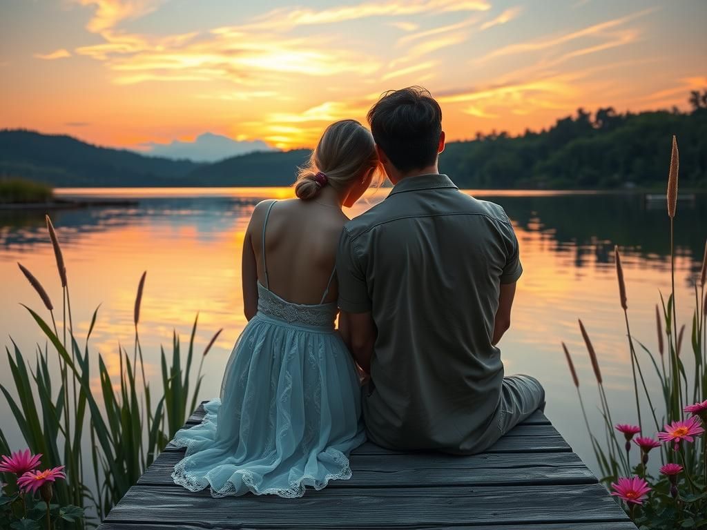 Contemplative Couple Listening to Lake at Sunset