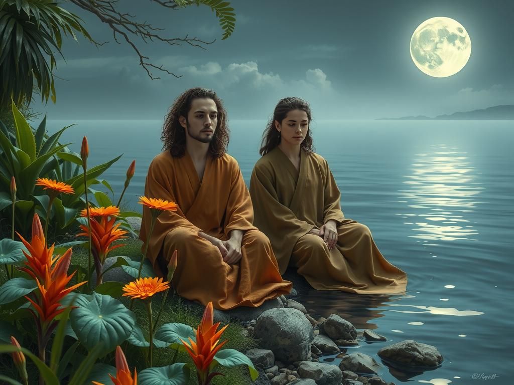 Mystical Lakeside Contemplation in Ethereal Style