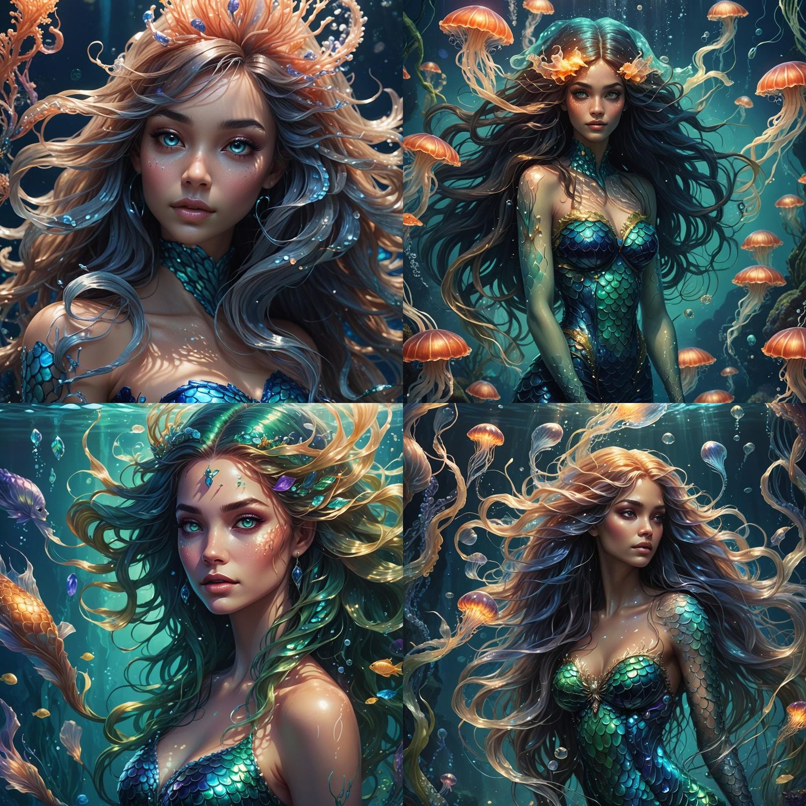 Sapphire Mermaid in Bioluminescent Ocean Depths