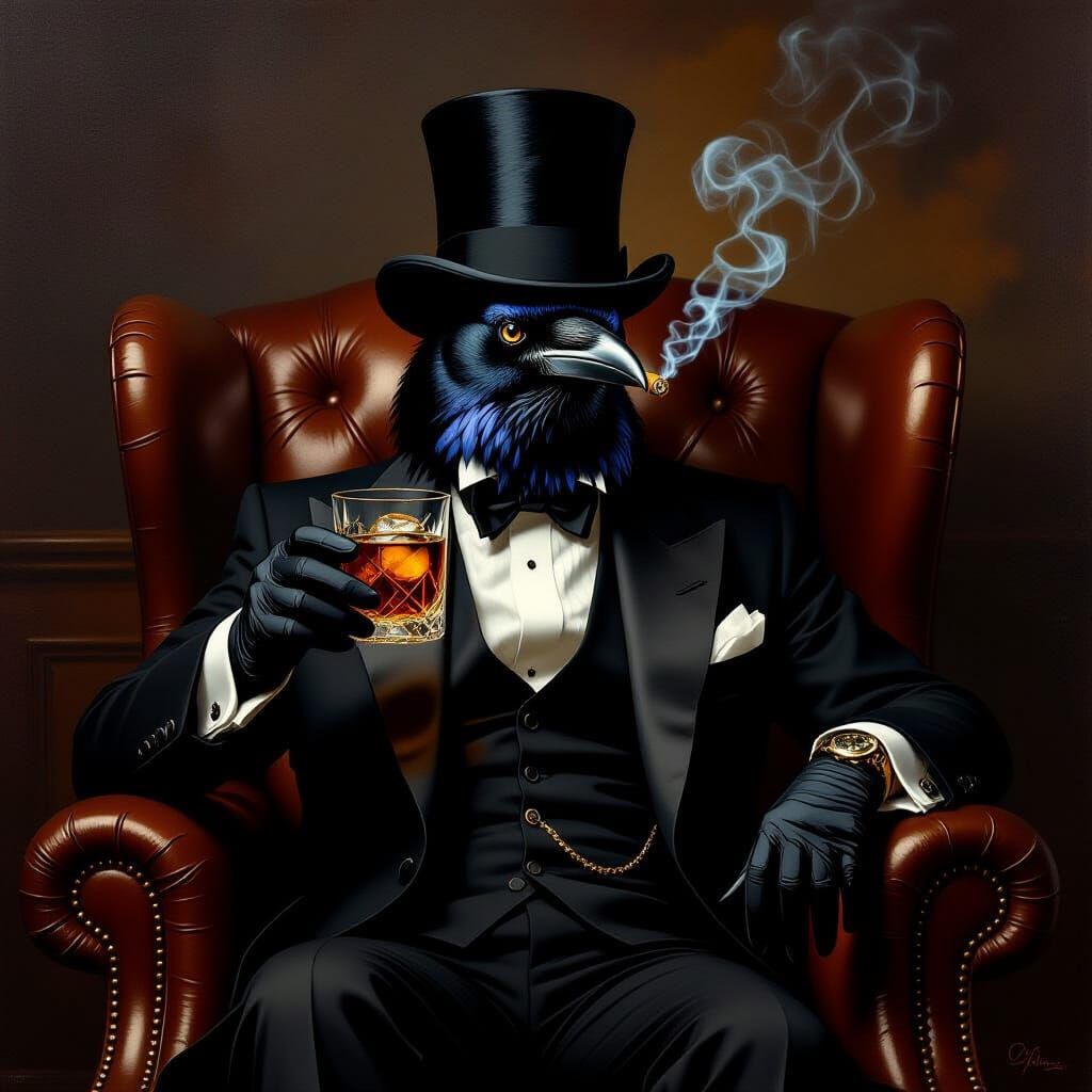 Gentleman Crow in Cigar Lounge, Oil Painting Style