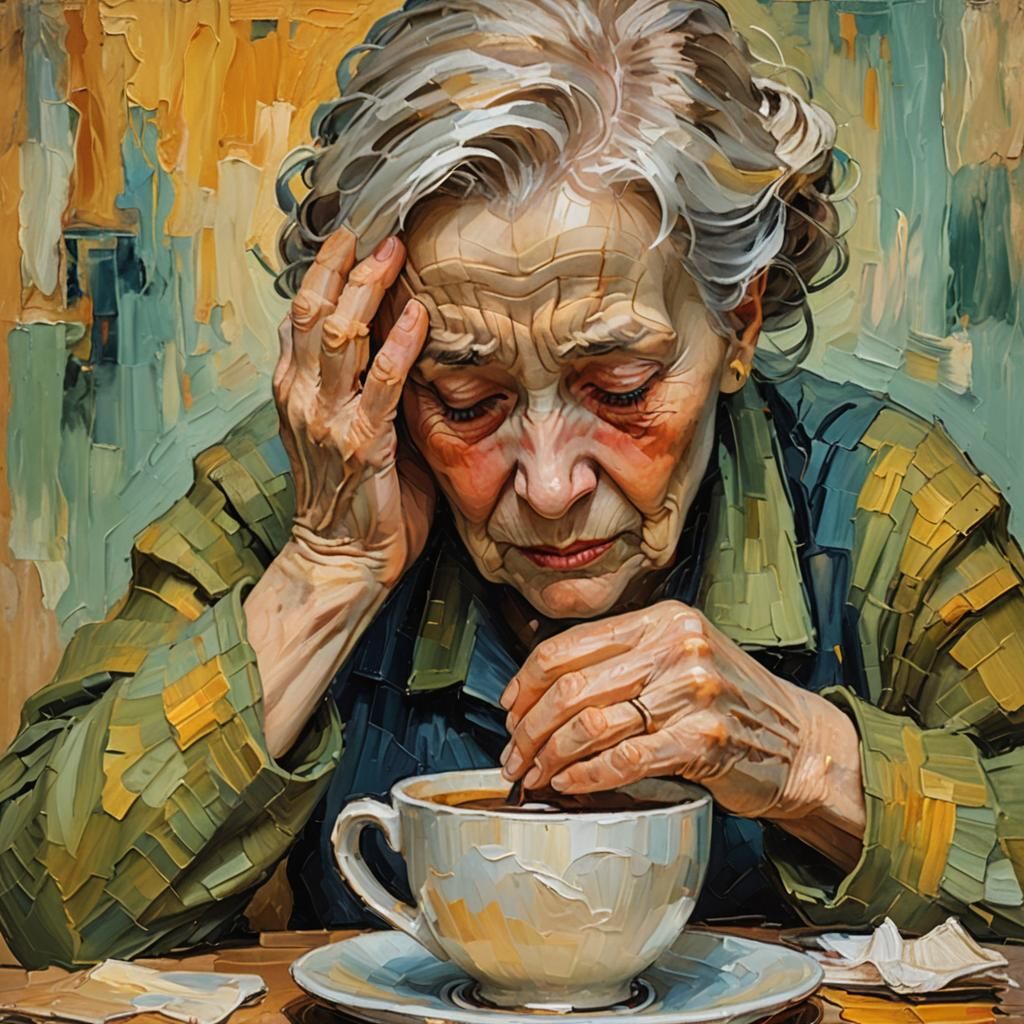 Sad Woman with Photo Album: Expressionist Oil Painting