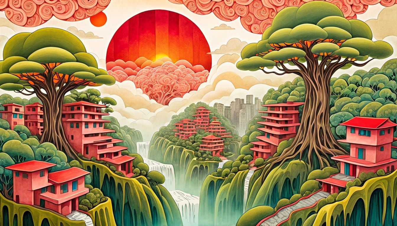 Surreal Dreamscape: Buildings and Old Tree in Ink Painting S...