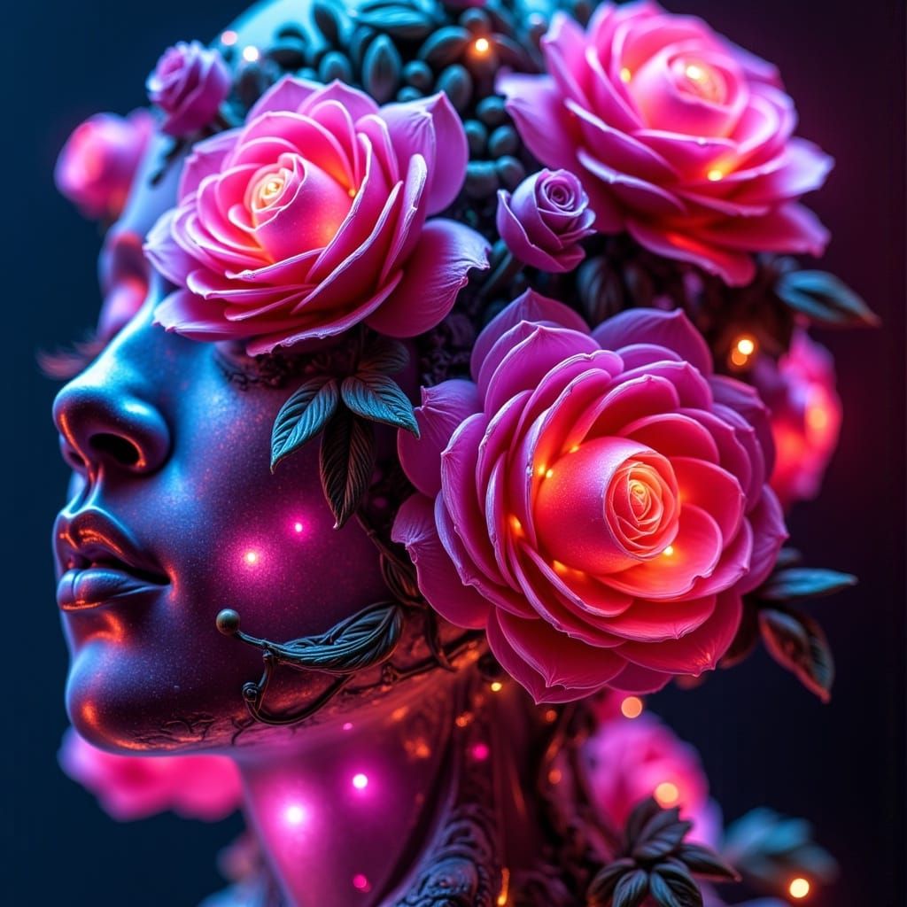 Vibrant Neon Roses in Futuristic Plastic