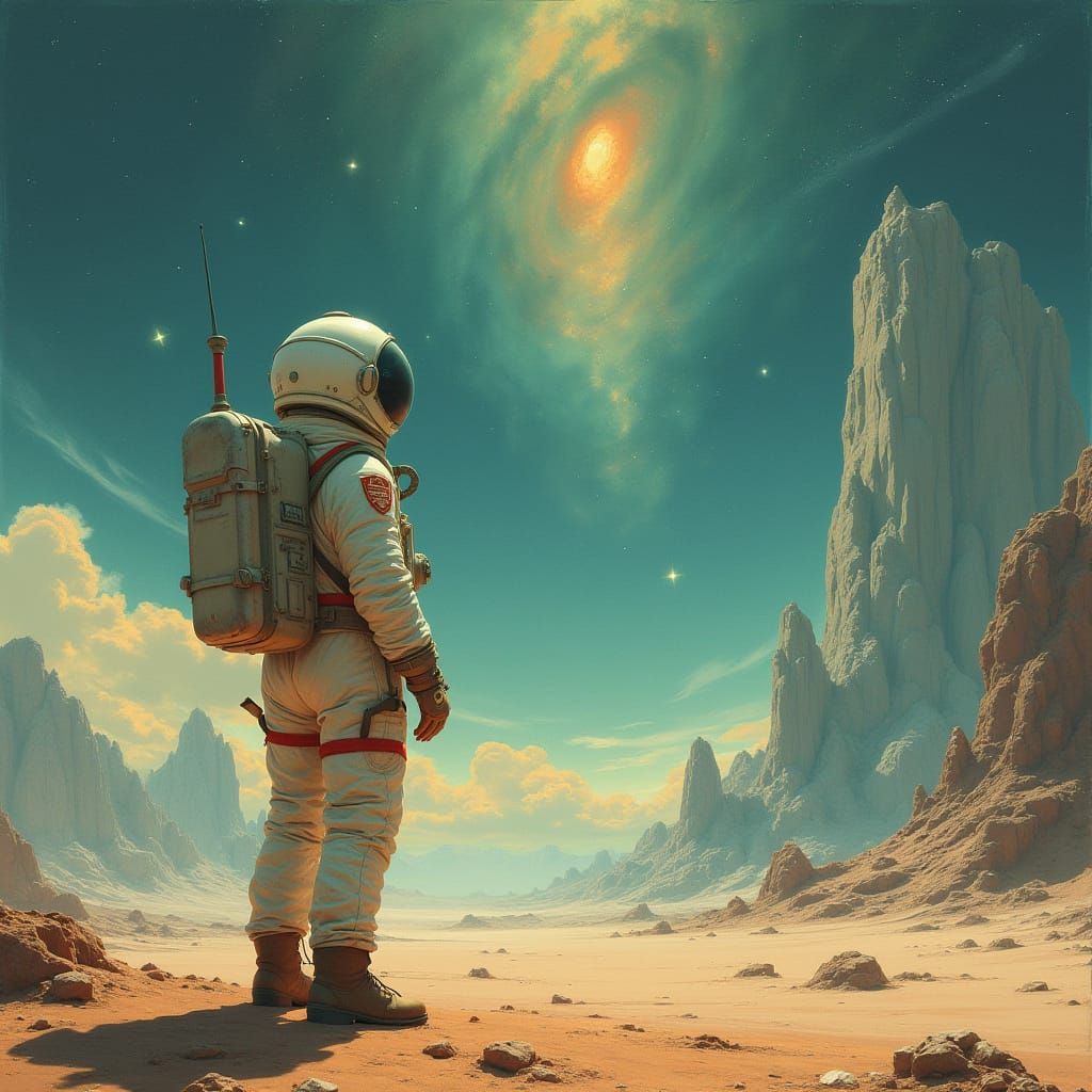 Astronaut on Alien Planet, Art Nouveau Digital Illustration