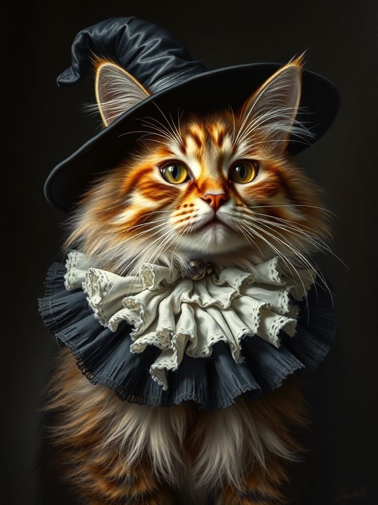Calico Cat Witch in Baroque Oil Painting Style